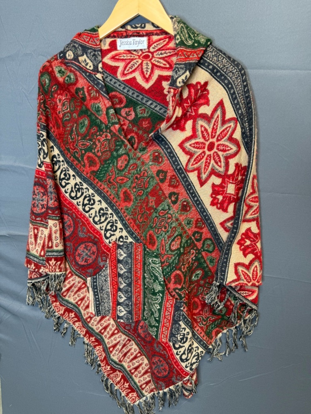 Jessica Taylor Boho Wool Blend Hooded Poncho Fringe Paisley Festival One Size